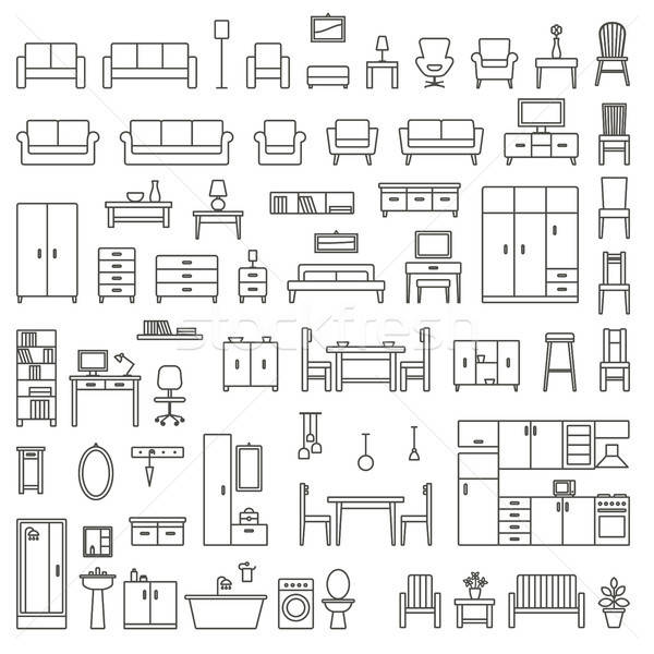 600x600 Vector Home Furniture Outline Icons Set Vector Illustration