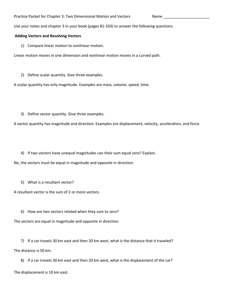 791x1024 Practice Packet For Chapter Two Dimensional Motion And Vectors