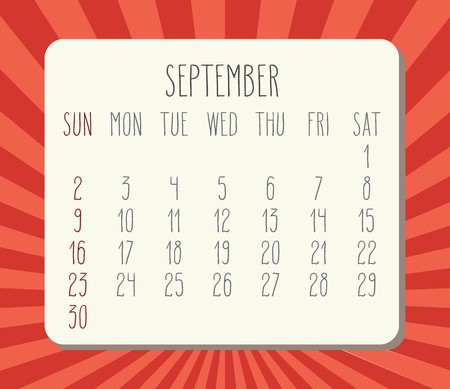450x389 September Year Vector Calendar Hand Drawn Numbers, White