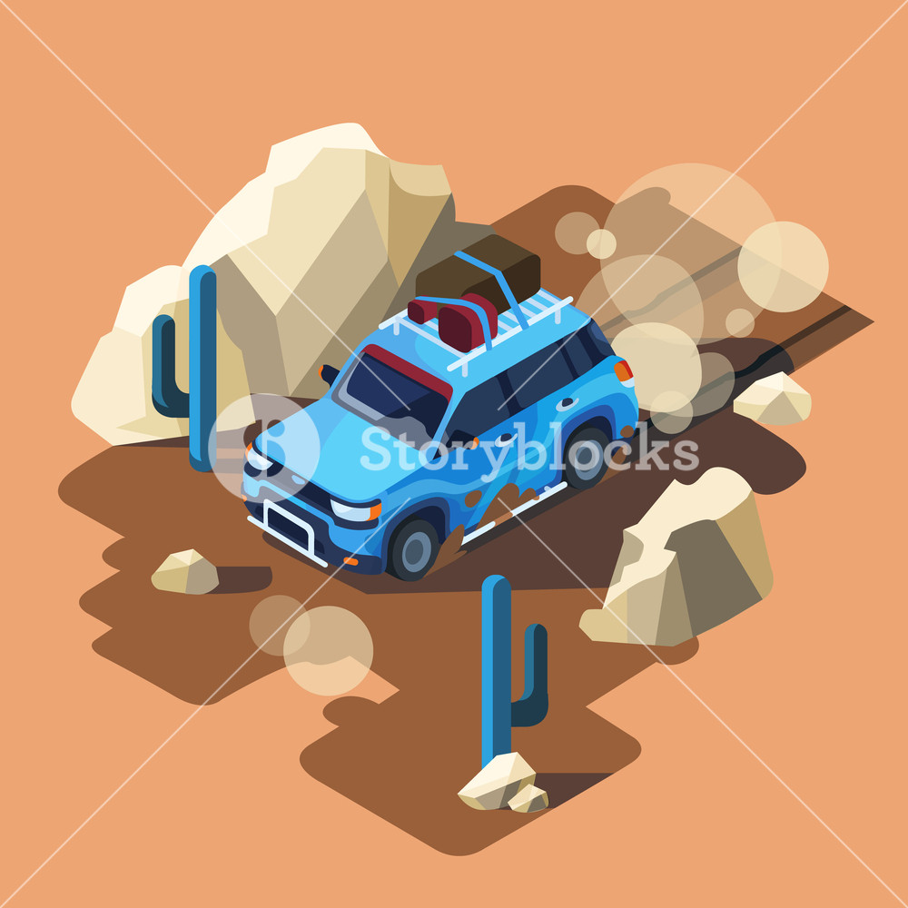 1000x1000 Vector Isometric Safari Car Riding Through Dusty Desert Cactus
