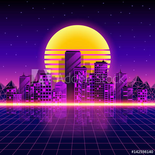 500x500 Retro Neon City Background Neon Style Vector Illustration