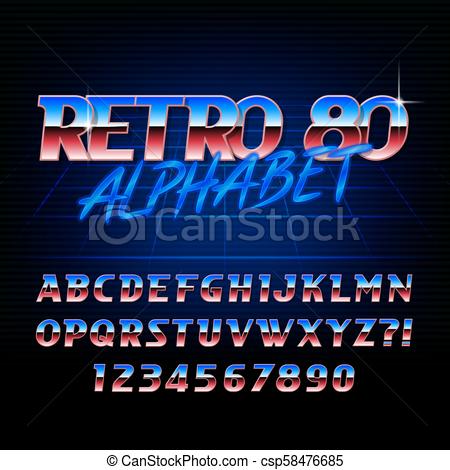 450x470 Retro Alphabet Font Metallic Effect Shiny Letters