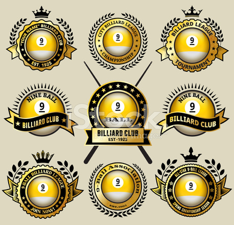 458x439 Billiards Nine Ball On Black And Gold Badges Vector Icon Set Stock