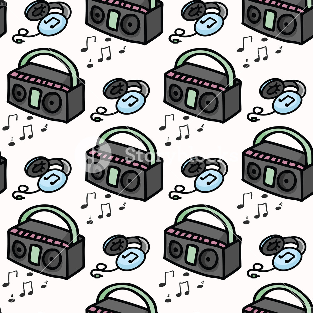 Cute Retro Boombox And Headphones Cartoon Seamless Vector Pattern 1000x1000 Cute Retro Boombox And Headphones Cartoon Seamless Vector Pattern