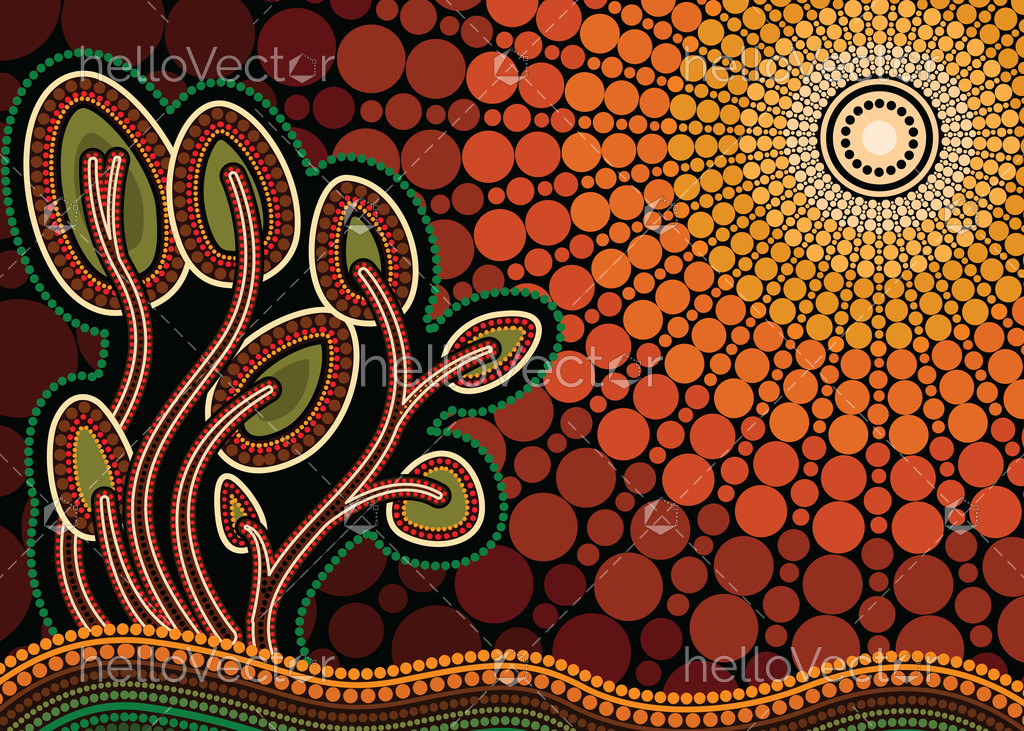 1024x731 Aboriginal Art Vector Painting With Tree And Sun, Nature Concept