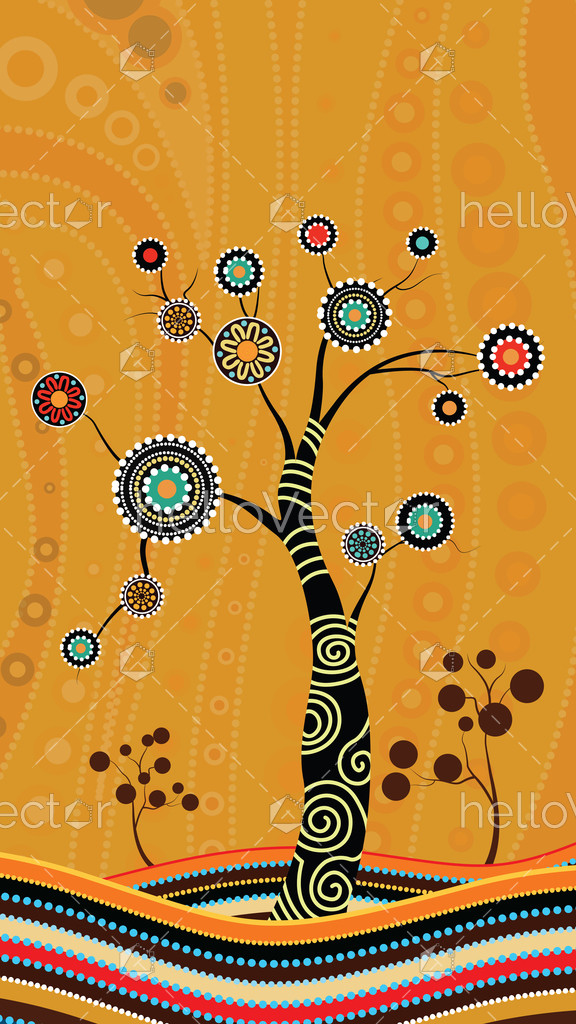 576x1024 Tree On The Hill, Aboriginal Tree, Aboriginal Art Vector Painting