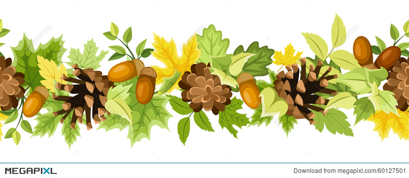 800x350 Horizontal Seamless Background With Autumn Leaves, Cones