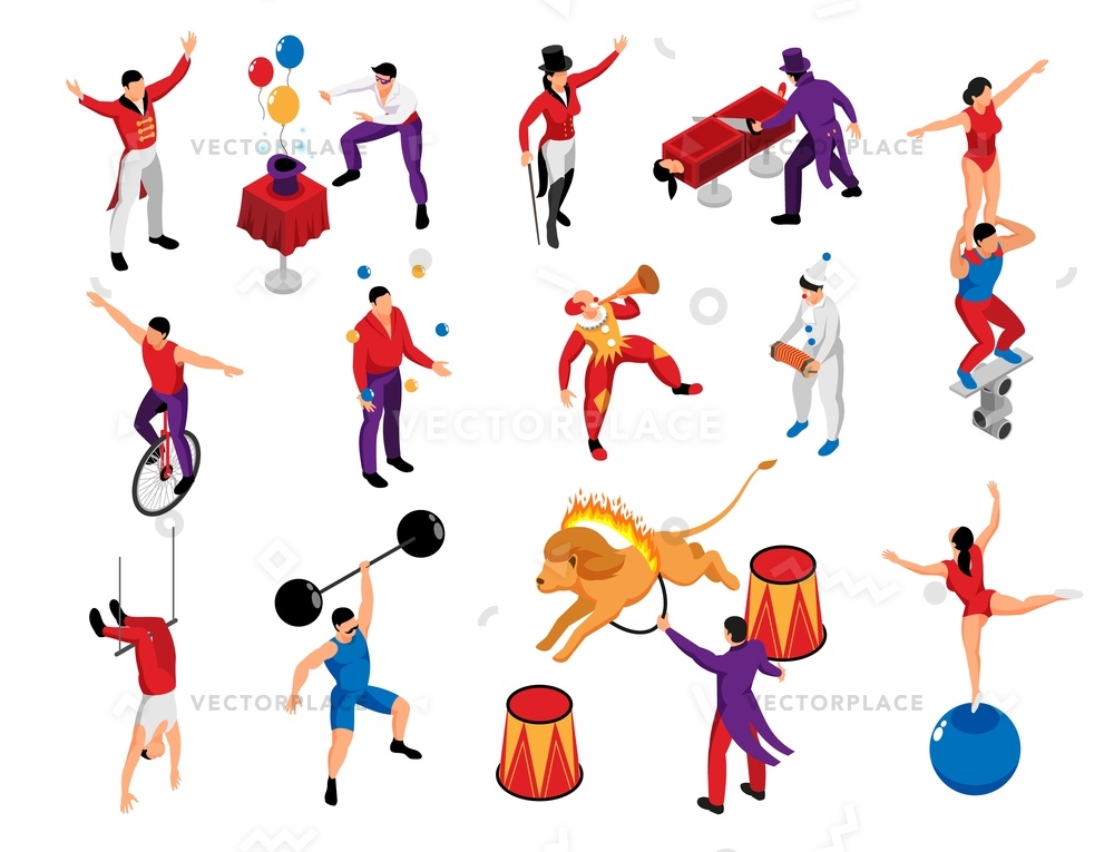 1000x765 Circus Performer Profession Isometric Icons Set Vector