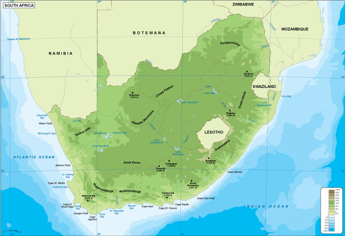 South Africa Physical Map Illustrator Map Vector World Maps 710x486 South Africa Physical Map Illustrator Map Vector World Maps