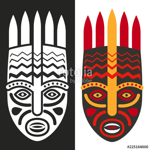 500x500 Tribal Maya, African Masks Vector Illustration, Black And White