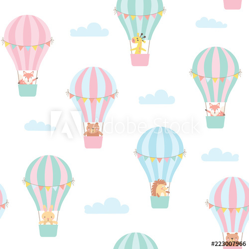 500x500 Seamless Pattern With Cute Animals In A Hot Air Balloon Vector