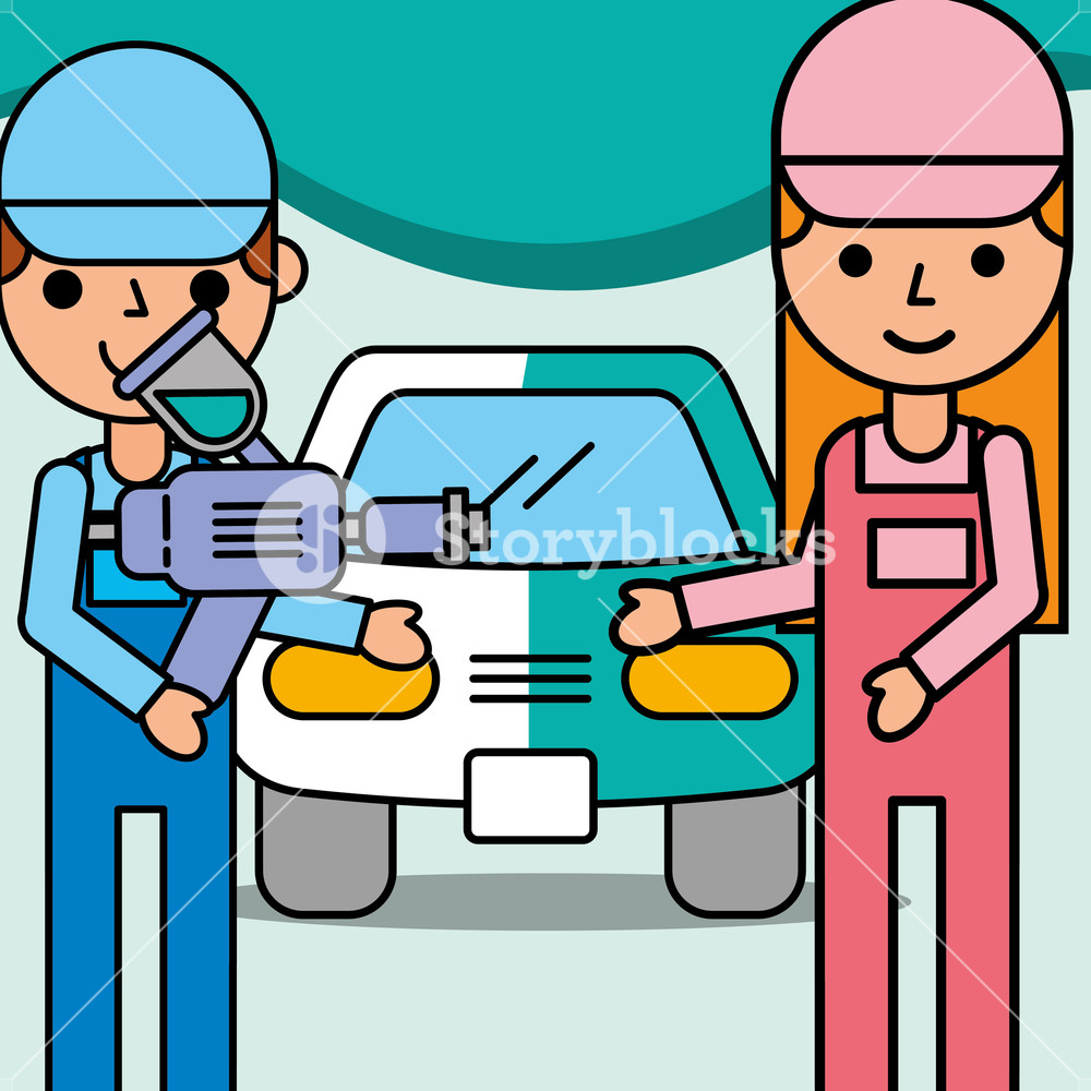 1000x1000 Mechanic Girl And Boy With Painting Airbrush Car Service Vector
