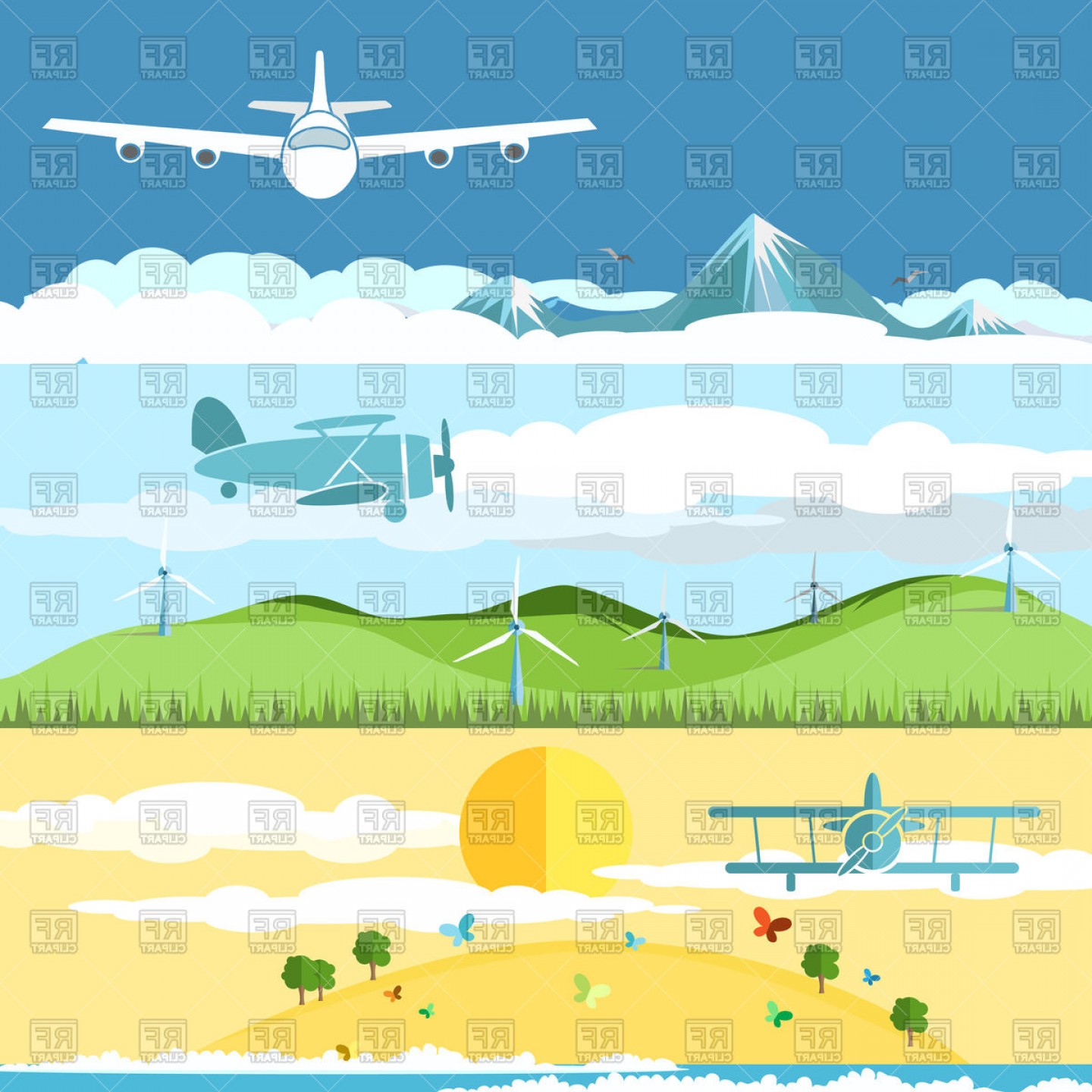 1440x1440 Set Of Banners With Airplanes And Landscape Vector Clipart