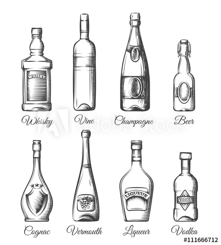 450x500 Alcohol Bottles In Hand Drawn Style Alcoholic Beverage Bottles