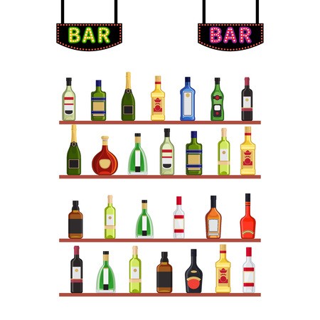 450x450 Neon Signs Bar And Shelfs With Alcohol Bottles Vector Illustration