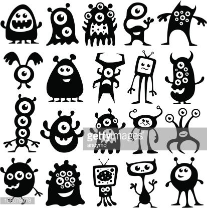 413x415 A Collection Of Black And White Monsters And Aliens Robots