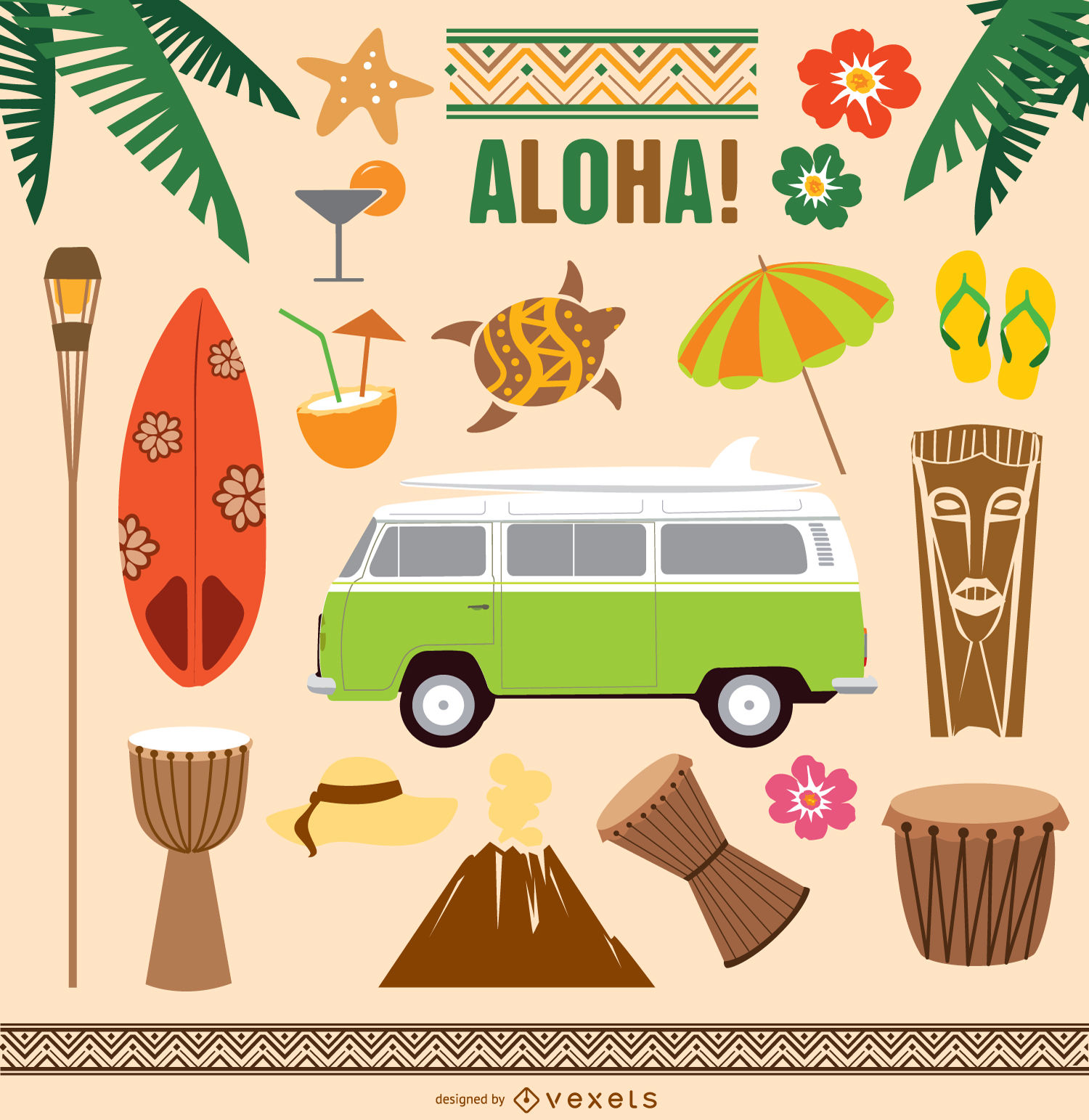 1500x1543 Hawaii Elements Tiki Aloha Vector Set
