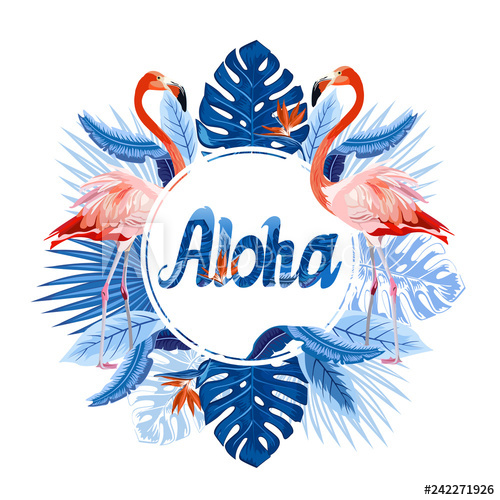 500x500 Tropical Aloha Vector Illustration With Flamingo, Palm Leaves