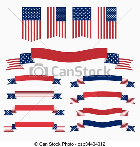 450x470 Red White Blue American Flag, Ribbons And Banners Set