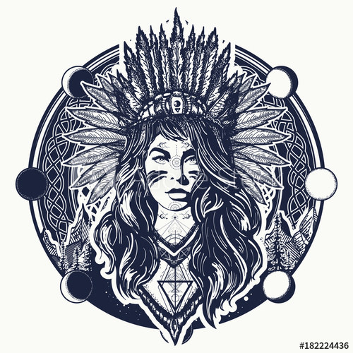 500x500 Tribal Indian Woman And Mountains Tattoo And T Shirt Design
