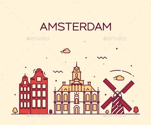 590x489 Amsterdam City Skyline Detailed Silhouette Trendy Vector