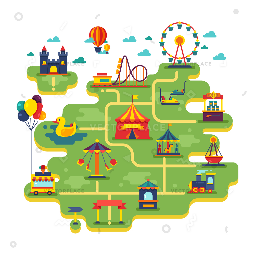 1000x1000 Family Fun Amusement Park Map Entertainment Vector Illustration