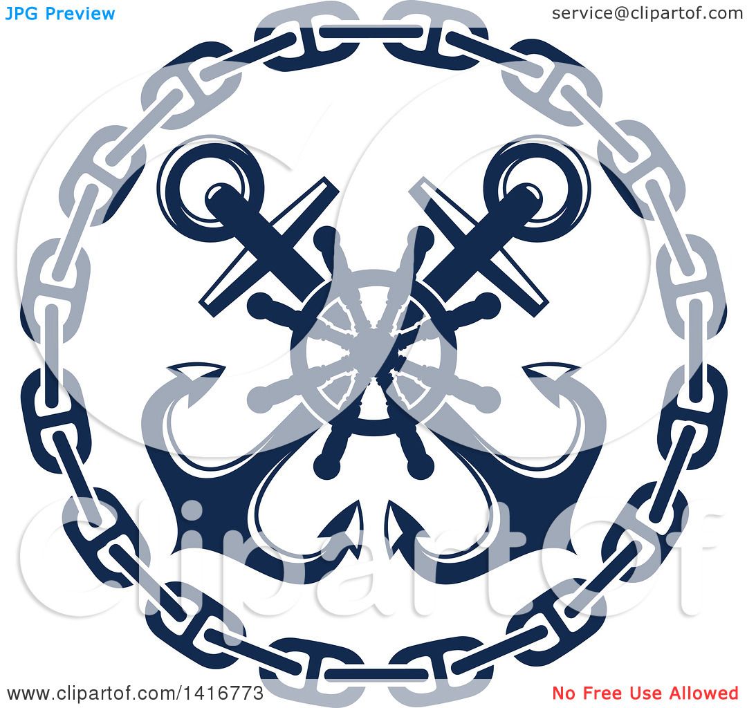1080x1024 Clipart Of A Navy Blue Crossed Nautical Anchors, Chain And Helm