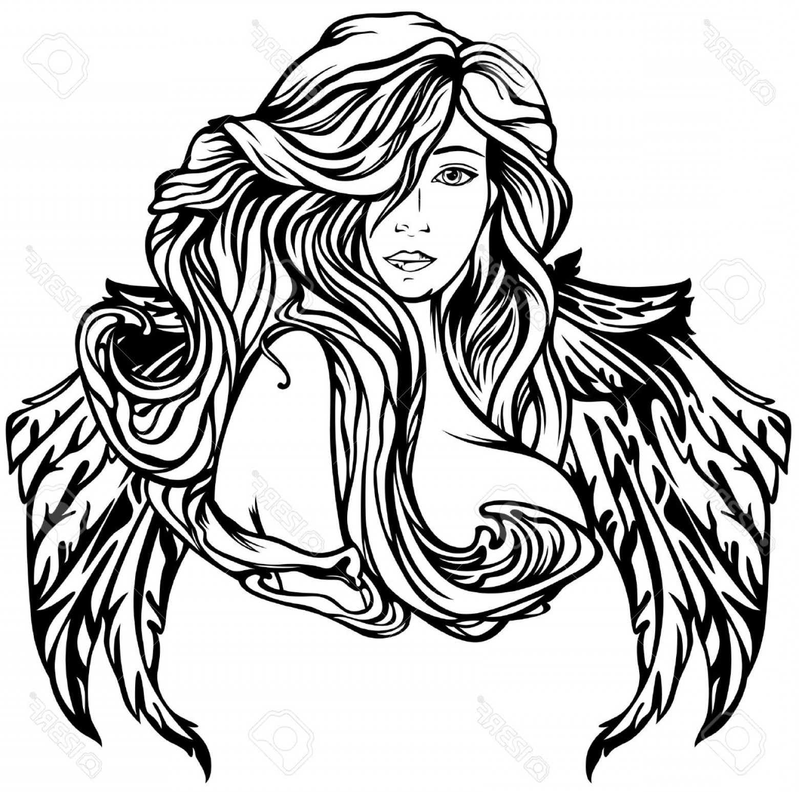 1560x1546 Photoart Nouveau Style Angel Vector Illustration Black And White