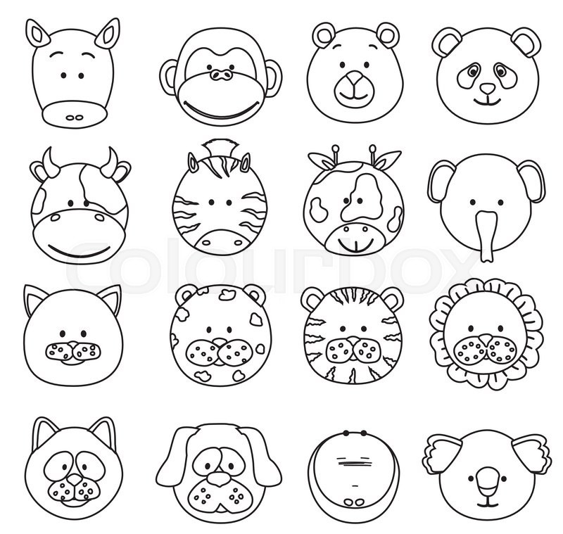 800x759 Set Of Cartoon Animals Faces Thin Line Stock Vector Colourbox