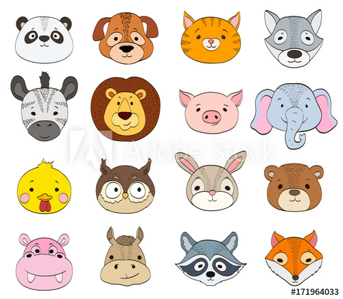 500x435 Set Of Cartoon Animal Faces On White Baby Animals Symbols Drawing