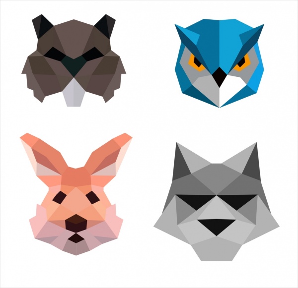 600x581 Animal Face Icons Isolation Colored Polygon Decor Free Vector