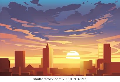 409x280 Evening City Panorama, Vector, Sunset Flat Anime Style