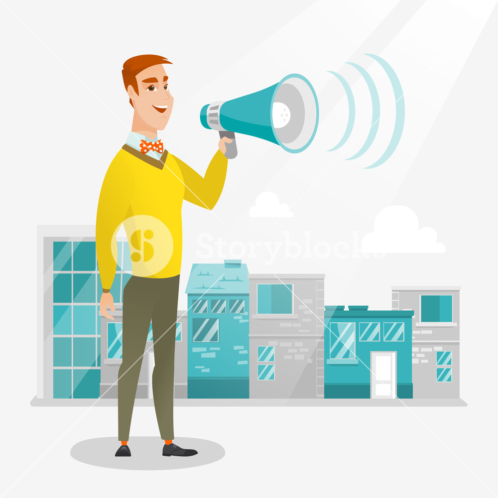 1000x1000 Caucasian Happy Businessman Making An Announcement On A City
