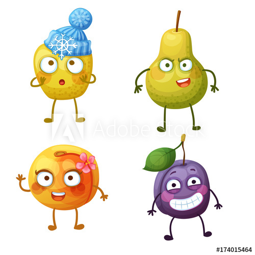 500x500 Funny Fruit Characters Isolated On White Background Cheerful Food