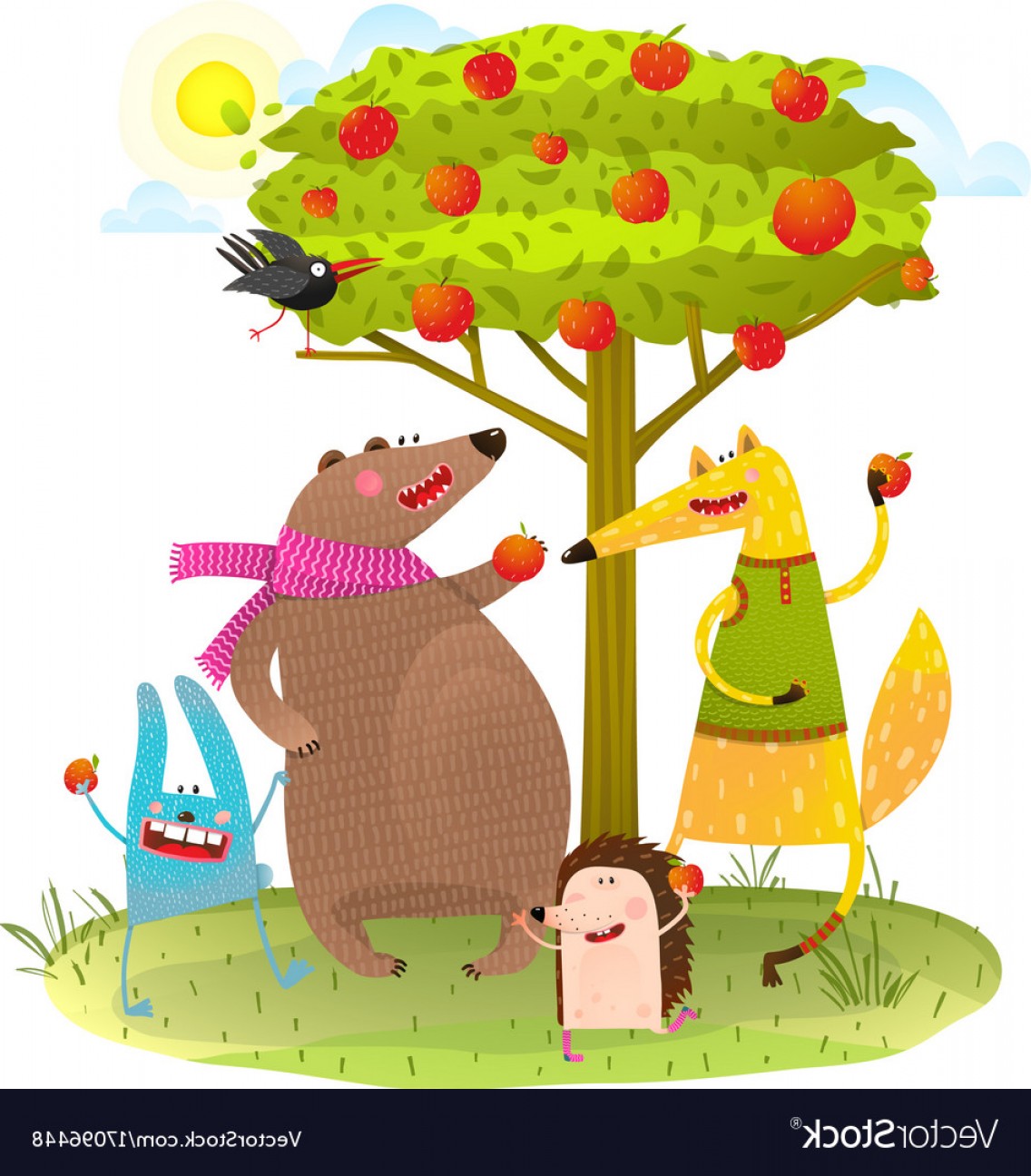 1136x1296 Baby Animals Friends And Apple Tree Vector Catchsplace