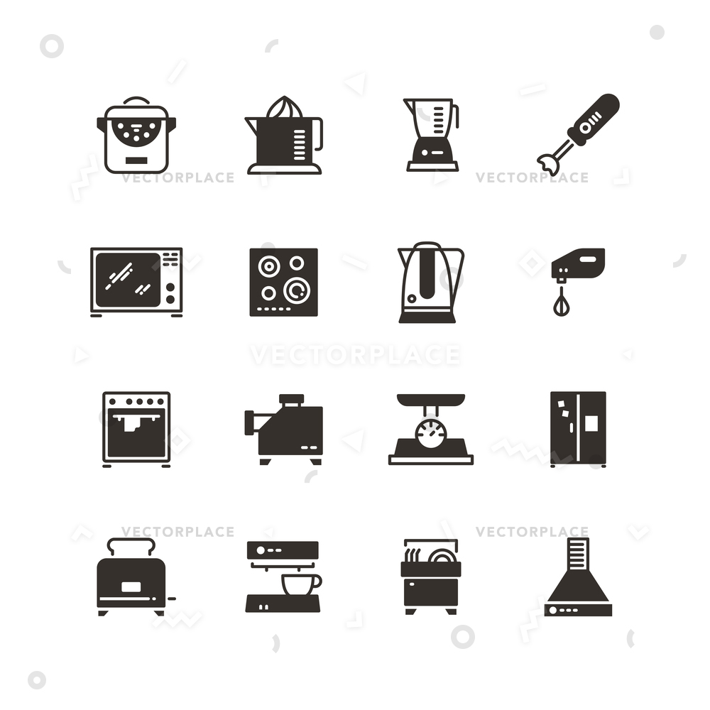1000x1000 Kitchen Appliances Silhouette Icons Isolated Equipment Vector