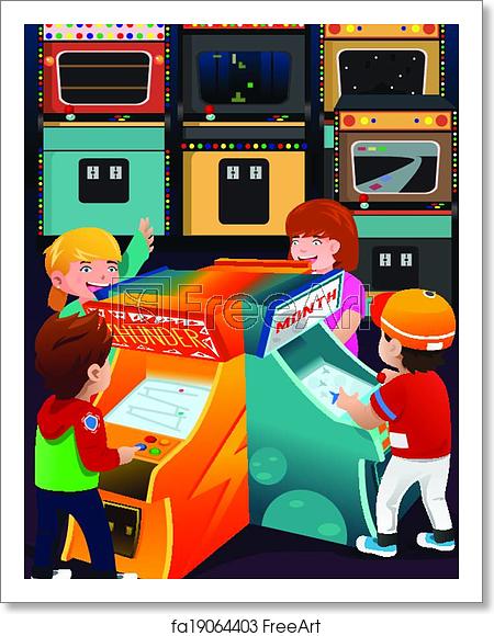 450x580 Free Art Print Of Kids Playing Arcade Games A Vector Illustration