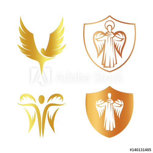 500x500 Isolated Golden Color Angel Silhouette Logo Set, Shield
