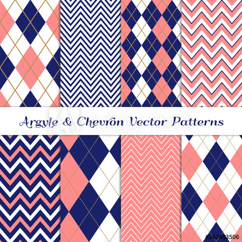 500x500 Navy Blue, White And Coral Pink Chevron And Argyle Vector Patterns