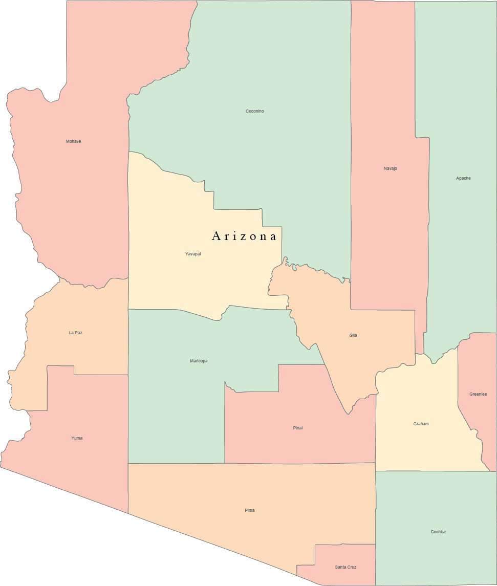 971x1145 Multi Color Arizona Map With Counties And County Names