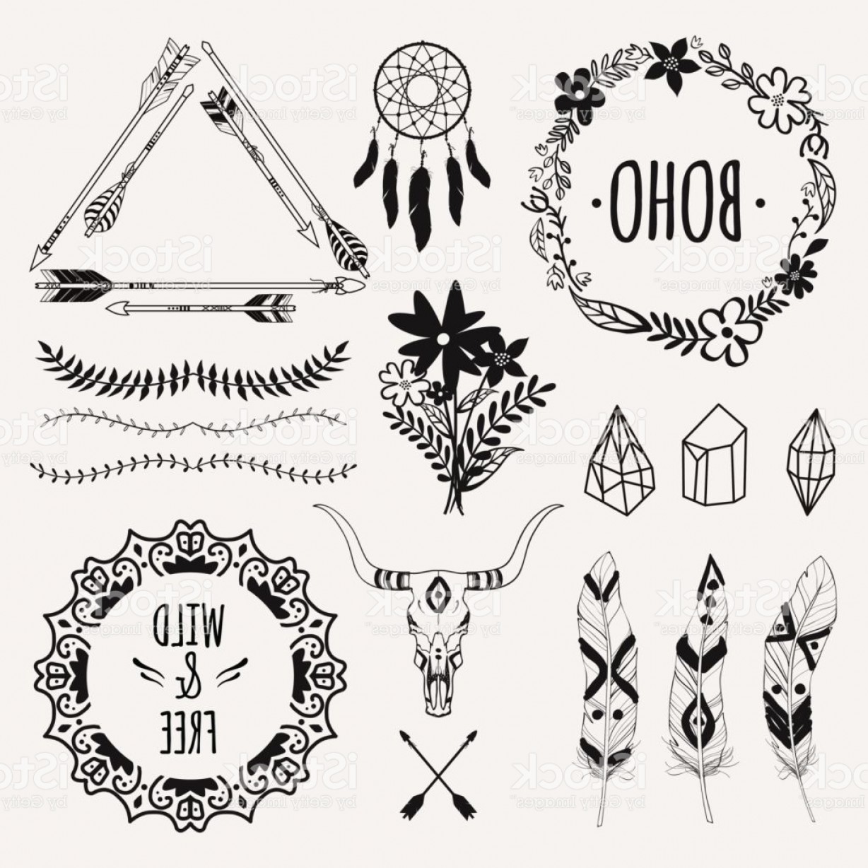 1228x1228 Vector Monochrome Ethnic Set With Arrows Feathers Crystals Floral
