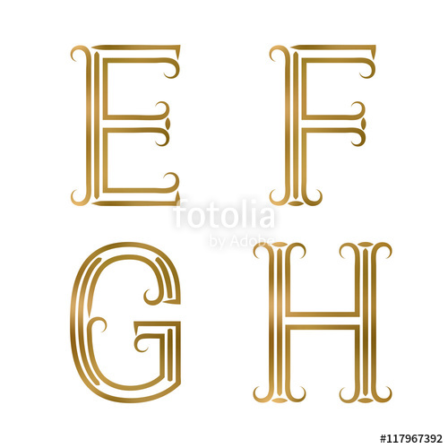 500x500 E, F, G, H Golden Letters Font Of Lines With Flourishes Type