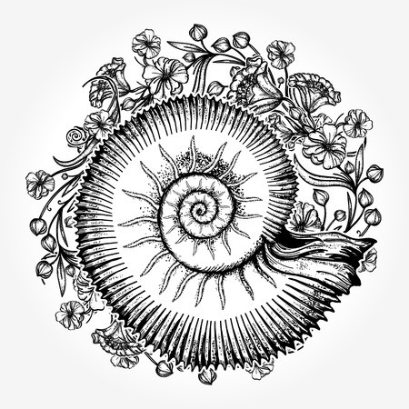 Ammonites And Art Nouveau Flowers Tattoo Symbol Of Science 450x450 Ammonites And Art Nouveau Flowers Tattoo Symbol Of Science