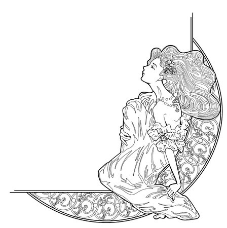 448x450 Vector Art Nouveau Decorative Corner Vignette With Lady Sitting