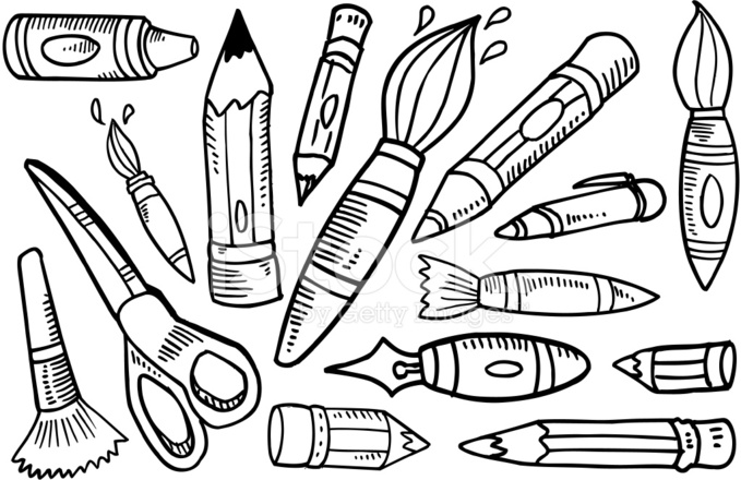 679x440 Doodle Art Supplies Set Stock Vector