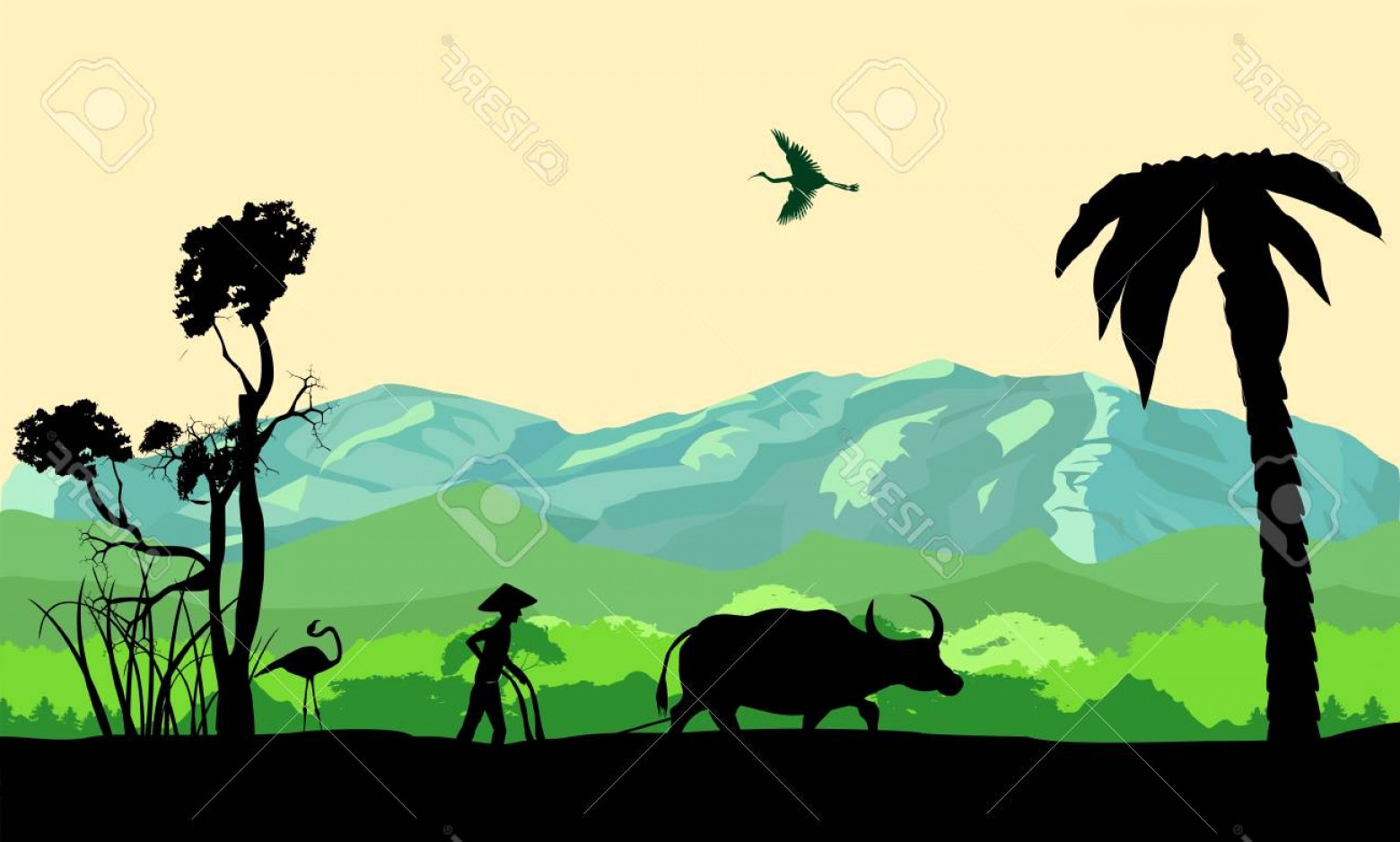 Photostock Vector Asian Farm Silhouette Vector Landscape Vector 1560x938 Photostock Vector Asian Farm Silhouette Vector Landscape Vector
