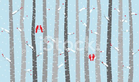 449x264 Vector Birch Or Aspen Trees With Snow And Love Birds Stock Vectors