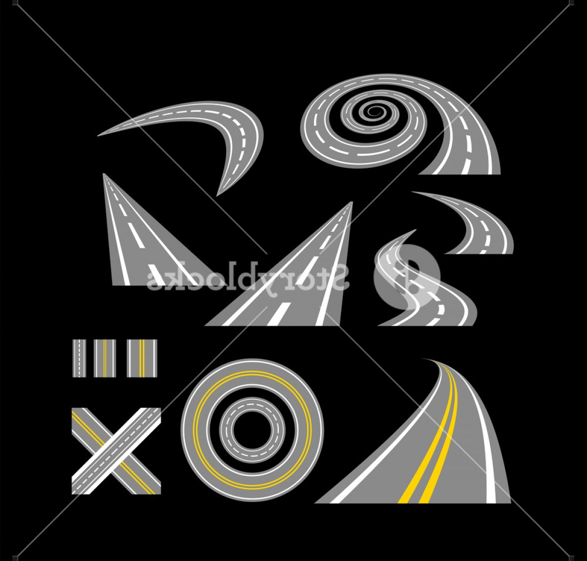 1200x1147 Asphalt Curved Roads Highway Vector Illustration Set