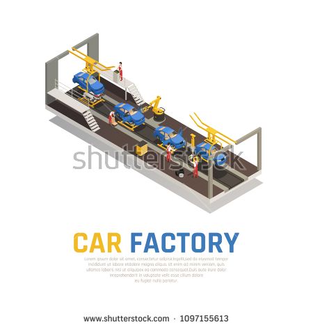 Stock Vector Car Factory Isometric Composition, Assembly Line 450x470 Stock Vector Car Factory Isometric Composition, Assembly Line