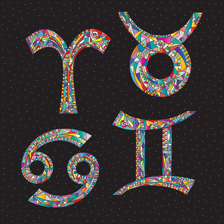 900x900 Zodiac Signs Aries, Taurus, Gemini, Cancer Hand Drawn Horoscope